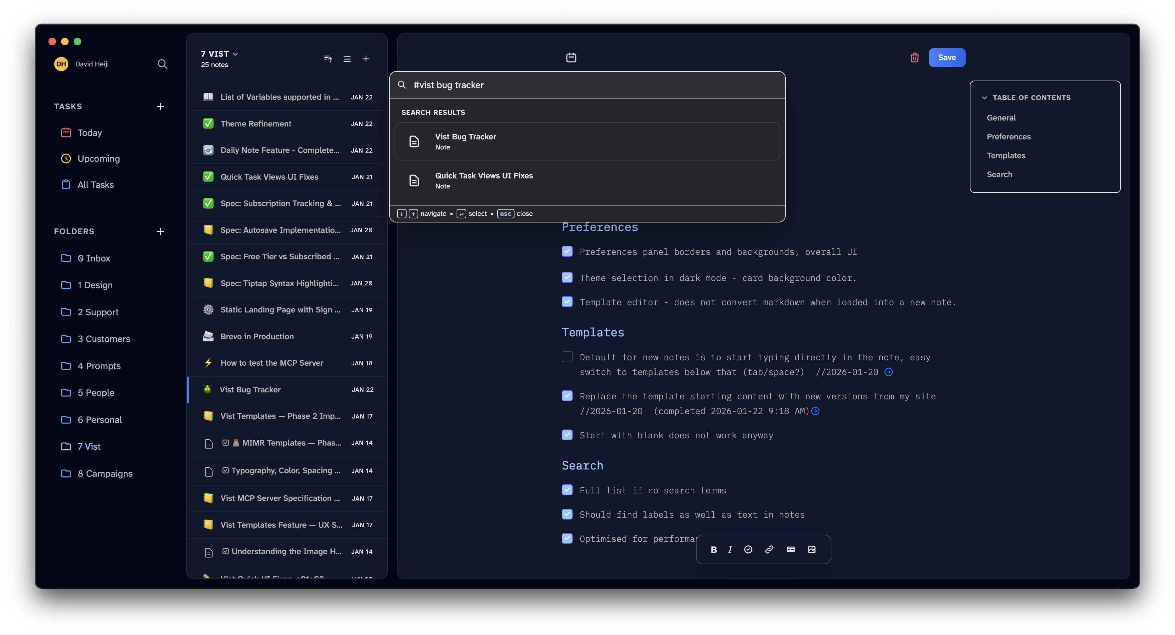 Vist app interface showing notes, tasks, folders, and markdown content