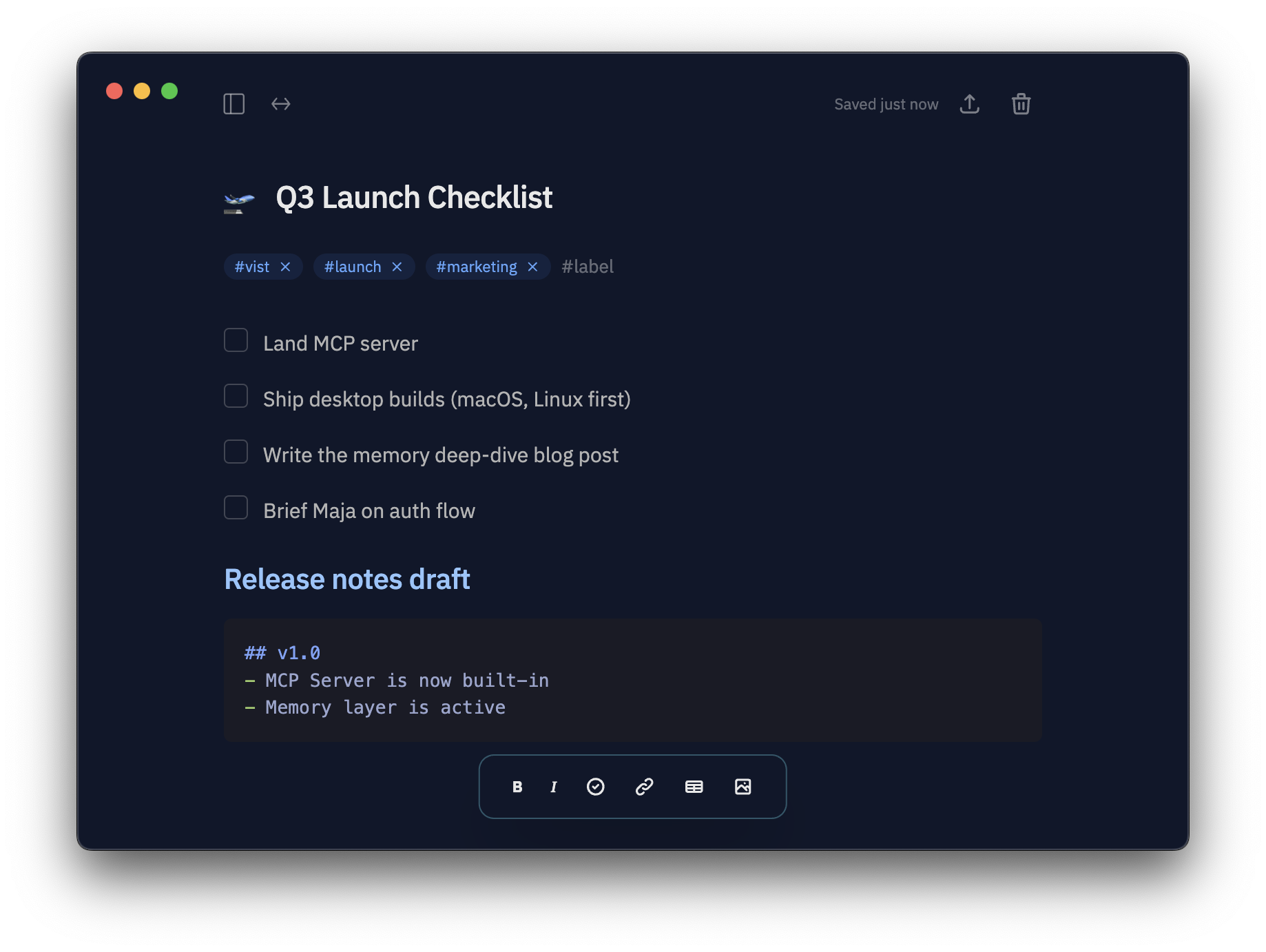Vist editor showing a Q3 Launch Checklist note with inline tasks, a code block, and label tags