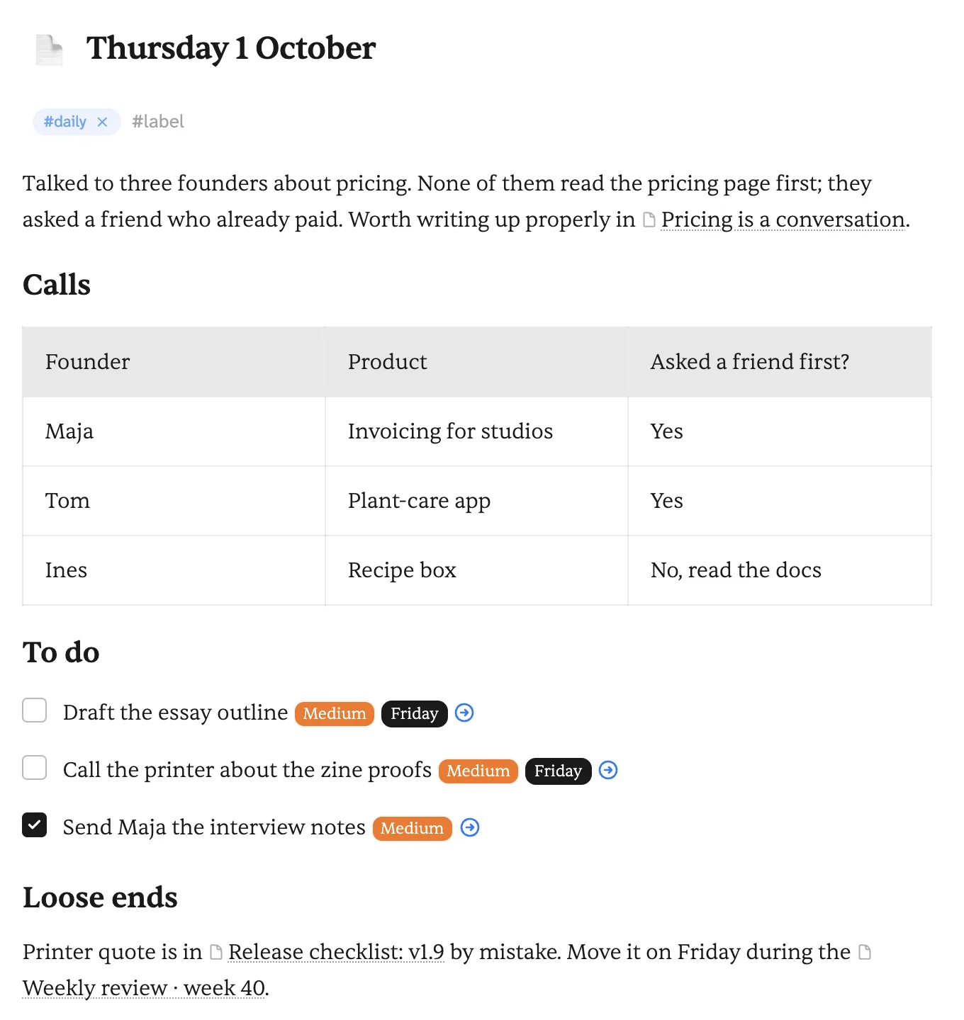 A daily note in Vist titled Thursday 1 October: a paragraph linking to another note, a table of three founder calls, and a to-do list with priority and due-date chips
