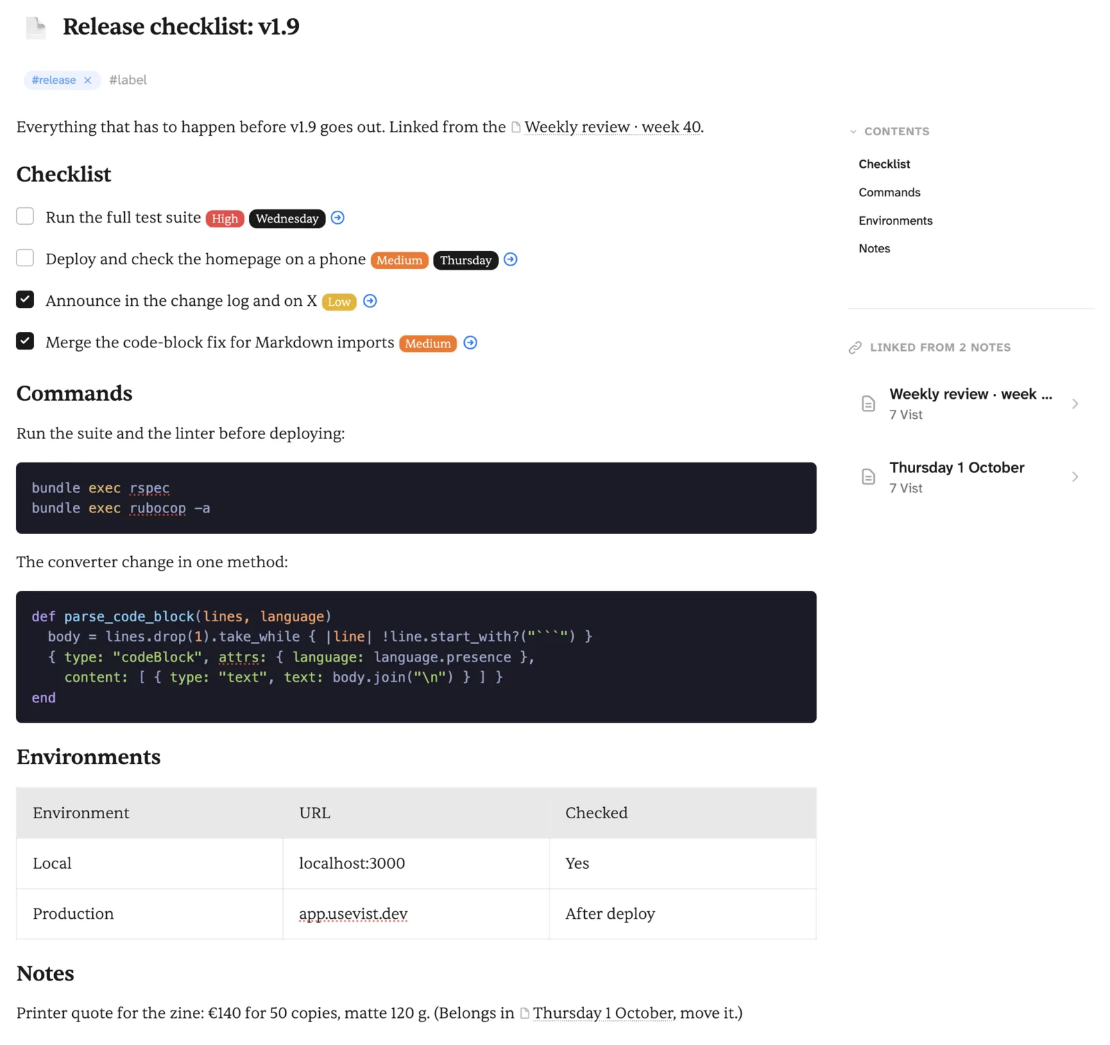 A note in Vist titled Release checklist: v1.9 with tasks, a Bash and a Ruby code block and a table; beside it a table of contents and a Linked from panel listing two notes