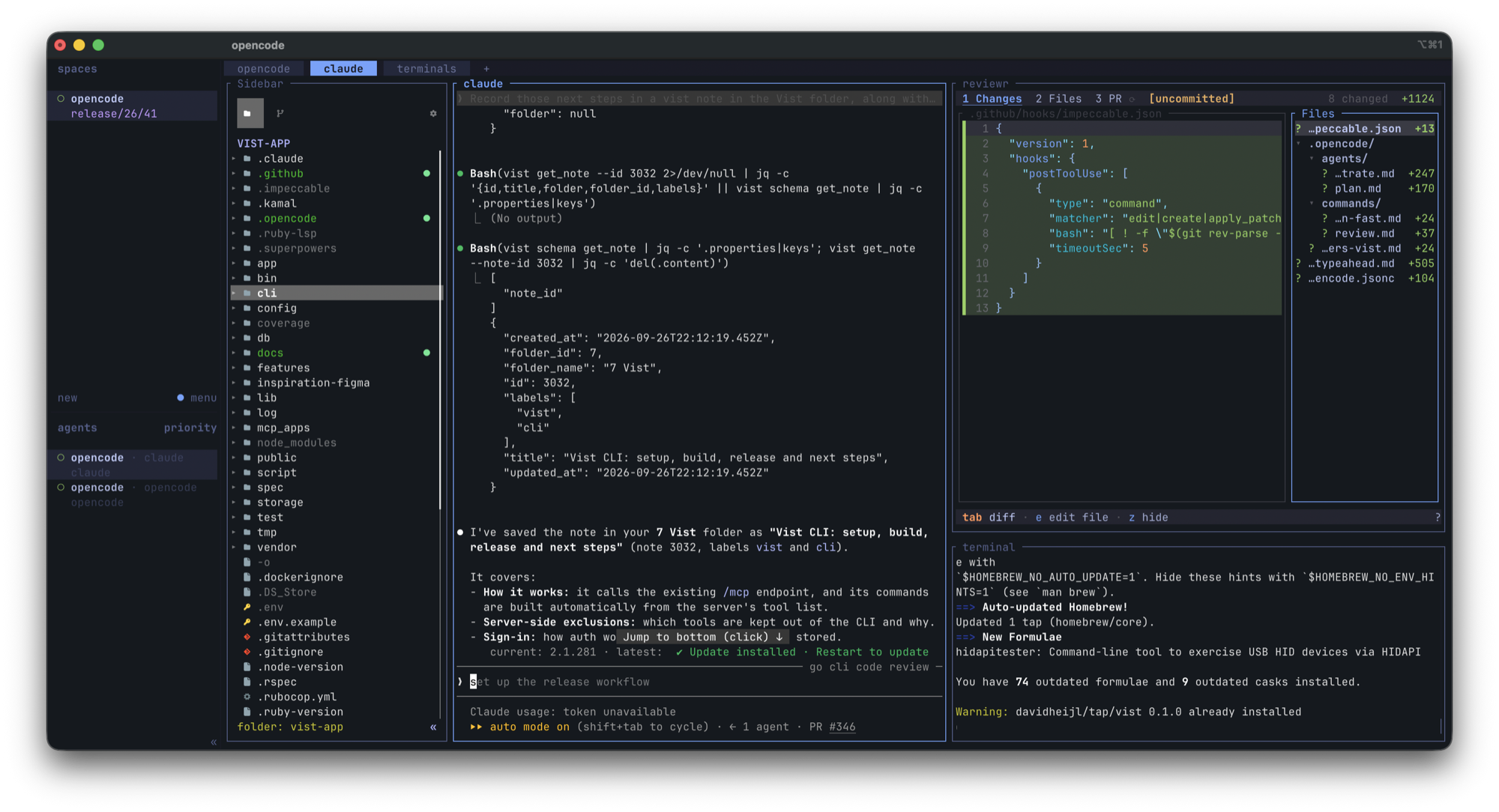 My herdr workspace: spaces and an agent list on the left, a file tree, a Claude Code session, a diff review pane and a terminal